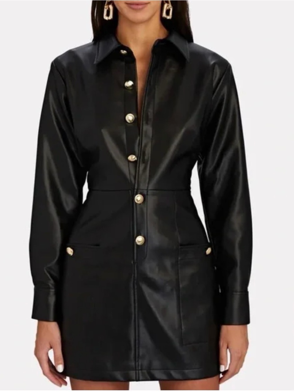 🇺🇸INTERMIX Black Faux Leather Button-Front Jacket Dress